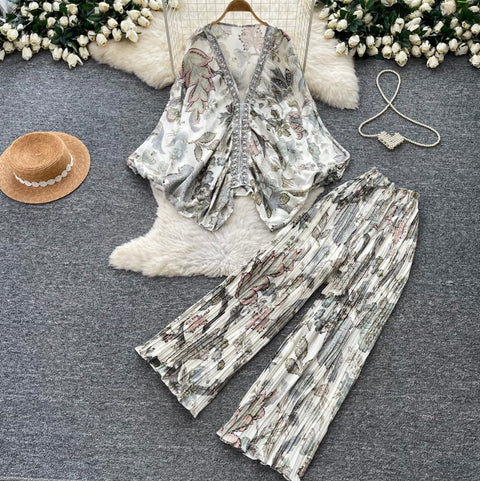 Printed V-neck Cardigan & Trousers 2Pcs