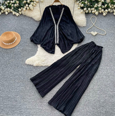 Printed V-neck Cardigan & Trousers 2Pcs
