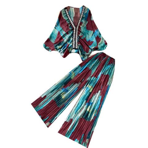 Printed V-neck Cardigan & Trousers 2Pcs