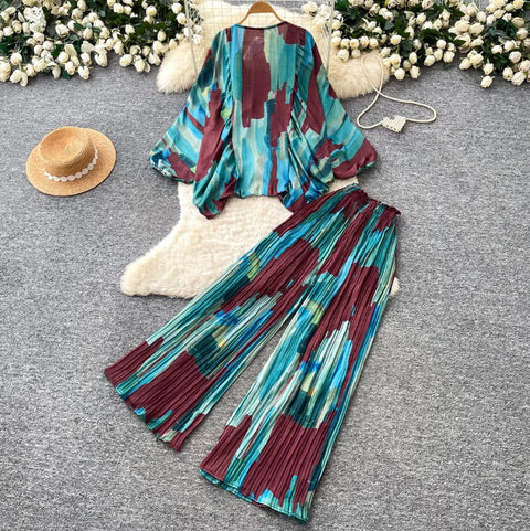 Printed V-neck Cardigan & Trousers 2Pcs