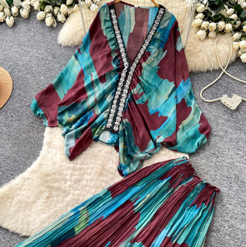 Printed V-neck Cardigan & Trousers 2Pcs