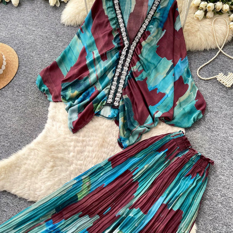 Printed V-neck Cardigan & Trousers 2Pcs