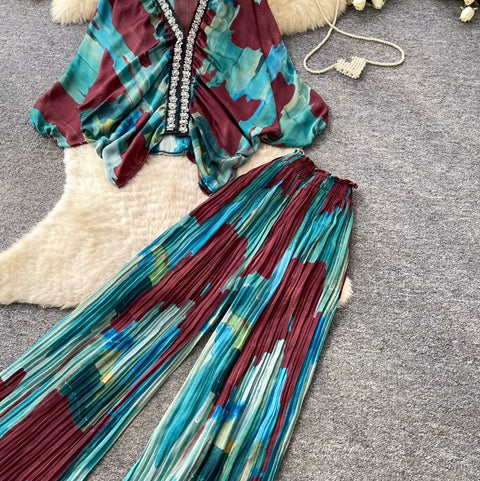 Printed V-neck Cardigan & Trousers 2Pcs