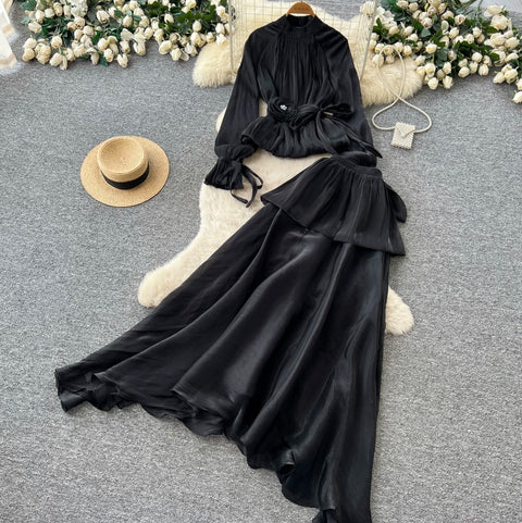 Pleated Shirt & Layered A-line 2Pcs
