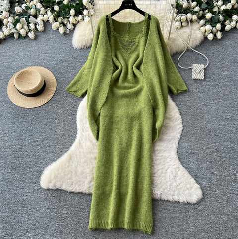 Knitted Shawl&Slip Dress 2Pcs