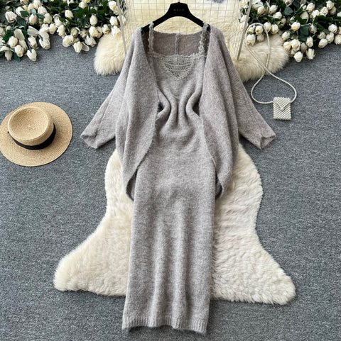 Knitted Shawl&Slip Dress 2Pcs