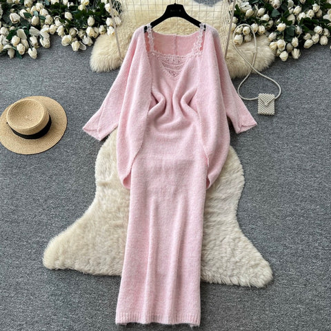 Knitted Shawl&Slip Dress 2Pcs
