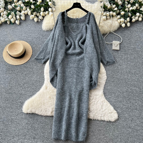 Knitted Shawl&Slip Dress 2Pcs