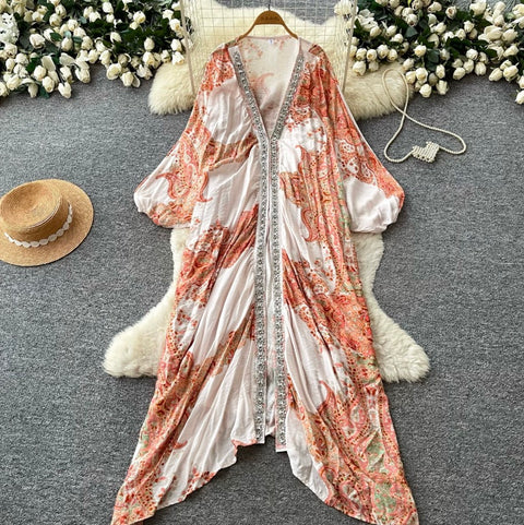 Deep V-neck Beaded Shawl Dress