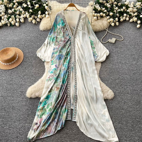 Deep V-neck Beaded Shawl Dress