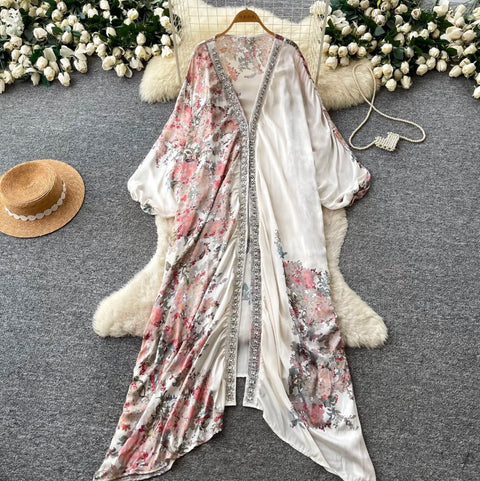 Deep V-neck Beaded Shawl Dress