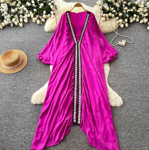 Deep V-neck Beaded Shawl Dress