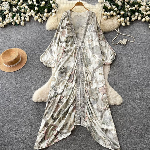 Deep V-neck Beaded Shawl Dress