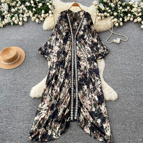 Deep V-neck Beaded Shawl Dress