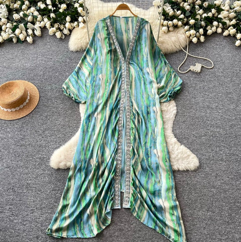 Deep V-neck Beaded Shawl Dress