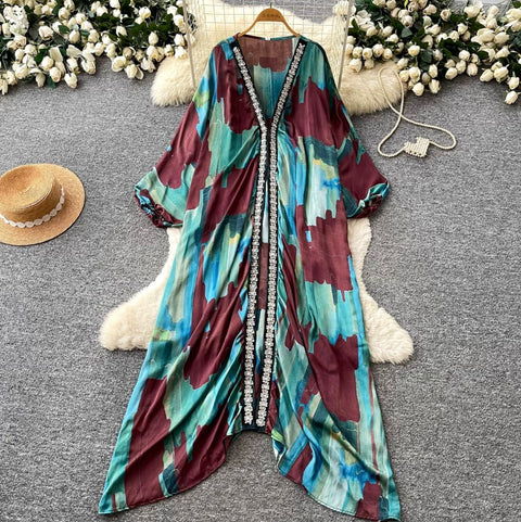 Deep V-neck Beaded Shawl Dress