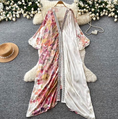 Deep V-neck Beaded Shawl Dress