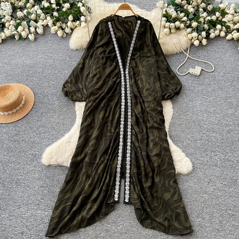 Deep V-neck Beaded Shawl Dress
