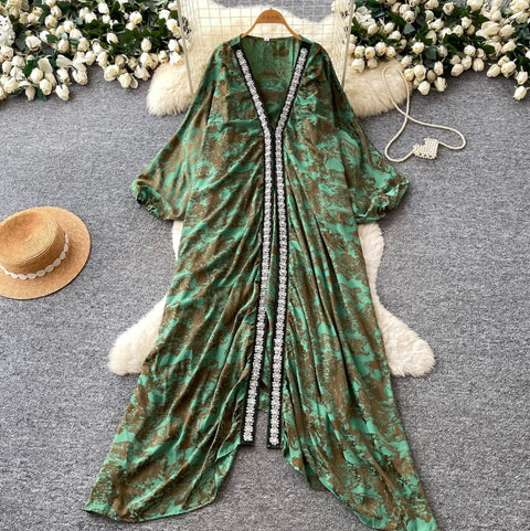 Deep V-neck Beaded Shawl Dress