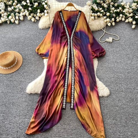 Deep V-neck Beaded Shawl Dress