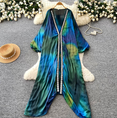 Deep V-neck Beaded Shawl Dress