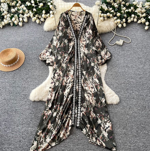 Deep V-neck Beaded Shawl Dress