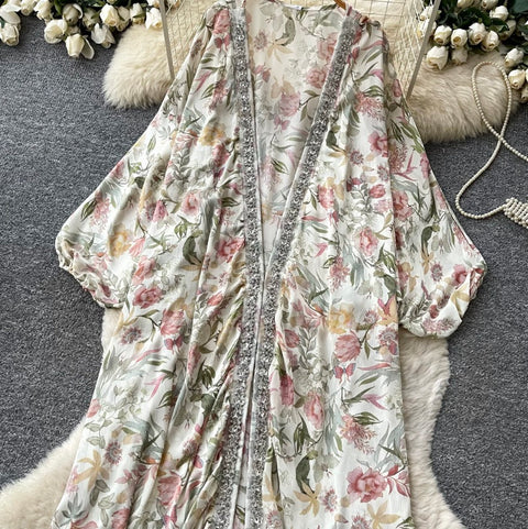 Deep V-neck Beaded Shawl Dress