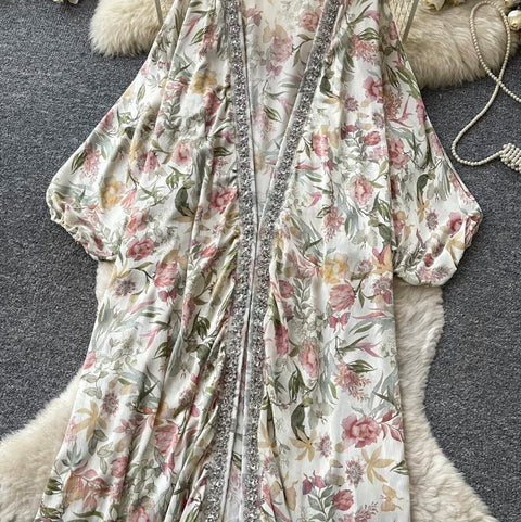Deep V-neck Beaded Shawl Dress