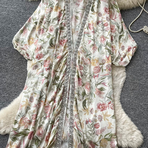 Deep V-neck Beaded Shawl Dress