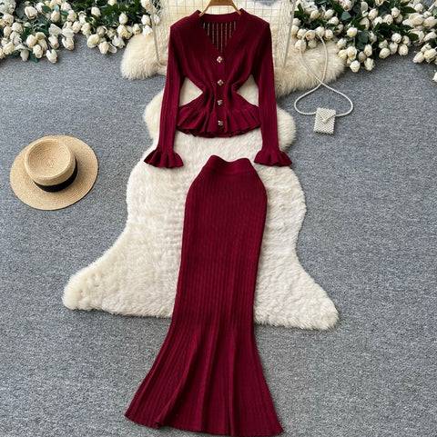 Ruffled Cardigan & Skirt Knitted 2Pcs
