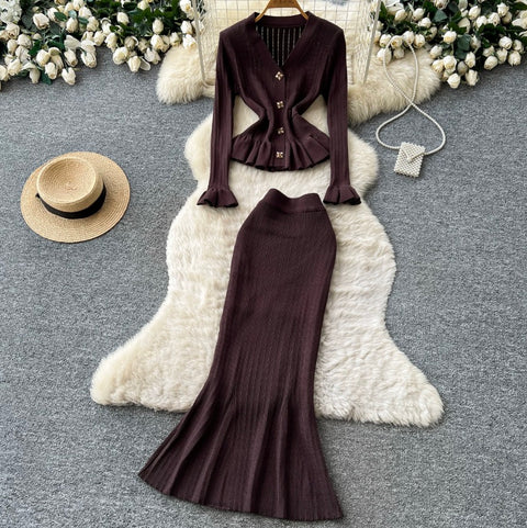 Ruffled Cardigan & Skirt Knitted 2Pcs
