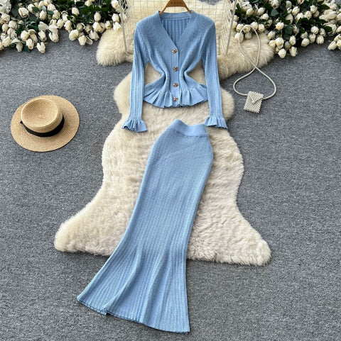 Ruffled Cardigan & Skirt Knitted 2Pcs
