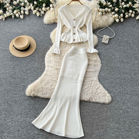 Ruffled Cardigan & Skirt Knitted 2Pcs