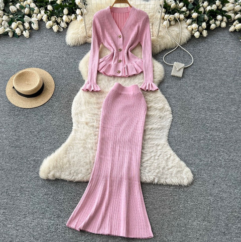 Ruffled Cardigan & Skirt Knitted 2Pcs