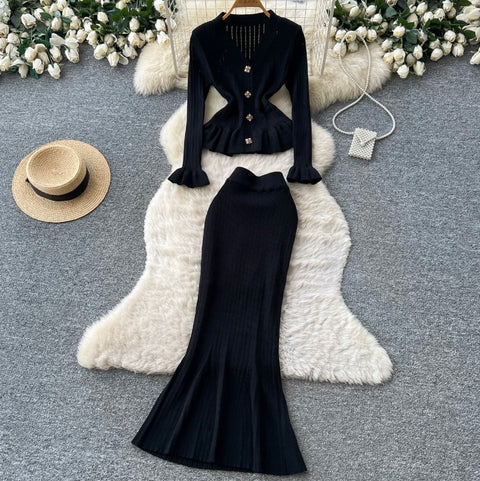 Ruffled Cardigan & Skirt Knitted 2Pcs