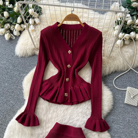 Ruffled Cardigan & Skirt Knitted 2Pcs