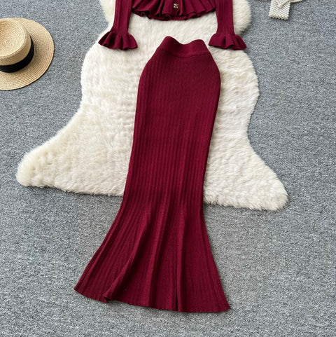 Ruffled Cardigan & Skirt Knitted 2Pcs