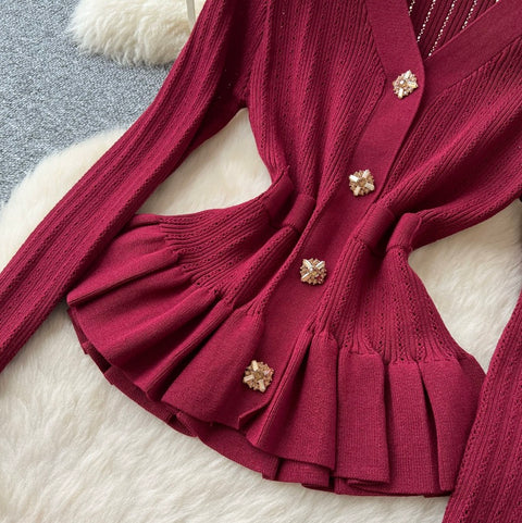 Ruffled Cardigan & Skirt Knitted 2Pcs
