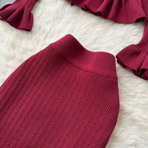 Ruffled Cardigan & Skirt Knitted 2Pcs