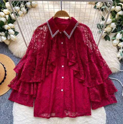 French Style Hollowed Lace Shirt
