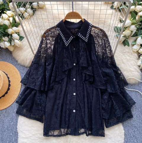 French Style Hollowed Lace Shirt