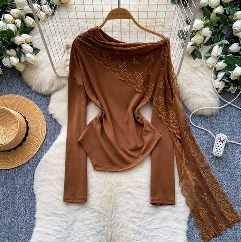 Slant Neckline Lace Patchwork Top