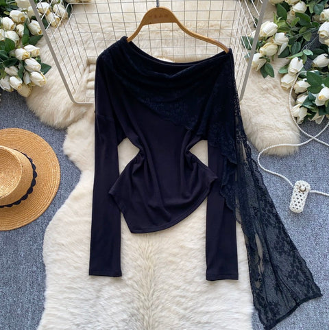 Slant Neckline Lace Patchwork Top