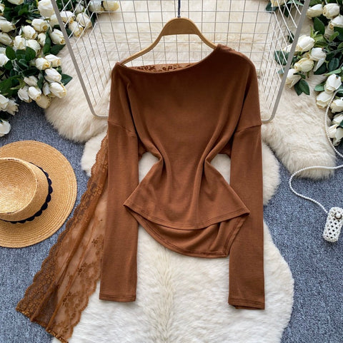Slant Neckline Lace Patchwork Top