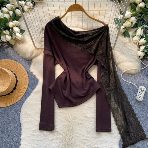 Slant Neckline Lace Patchwork Top