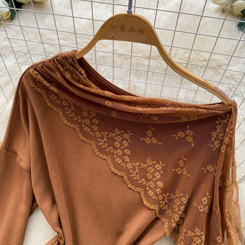 Slant Neckline Lace Patchwork Top