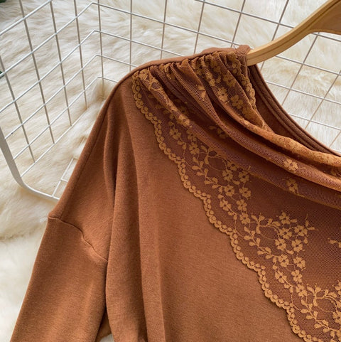 Slant Neckline Lace Patchwork Top