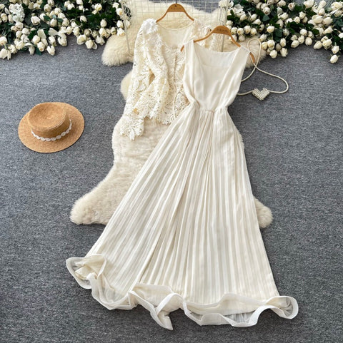 Cardigan & Pleated Vest Dress 2Pcs