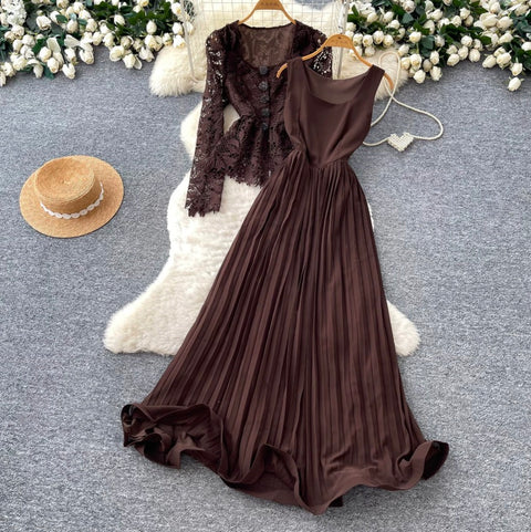 Cardigan & Pleated Vest Dress 2Pcs