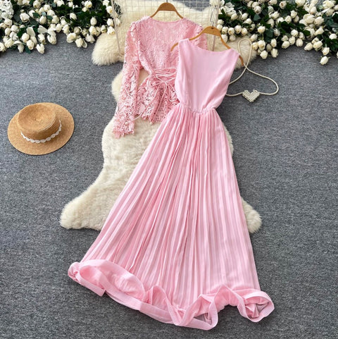 Cardigan & Pleated Vest Dress 2Pcs